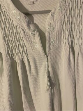 Miss Elaine Cream Textured Tassel Peasant zippered Robe with Embroidery